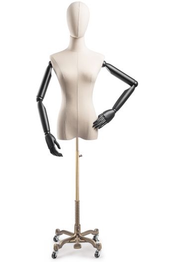 Female Display Dress Form on Metal Rolling Base (Head & Arms Version)