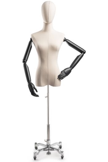 Female Display Dress Form on Metal Rolling Base (Head & Arms Version)
