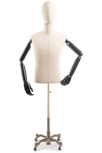 Male Display Dress Form on Metal Rolling Base (Head & Arms Version)