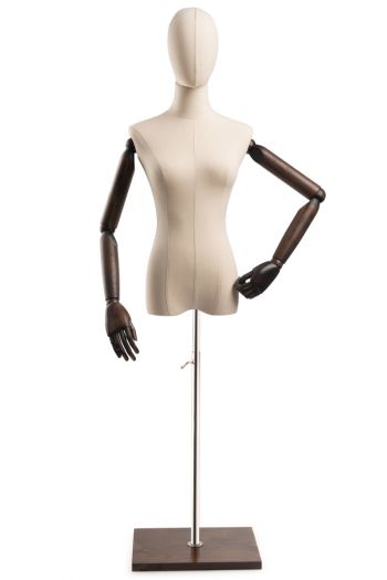 Female Display Dress Form on Wood Flat Base (Head & Arms Version)