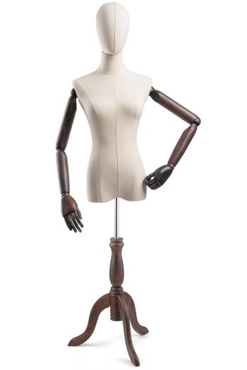 Female Display Dress Form on Wood Tripod Base (Head & Arms Version)