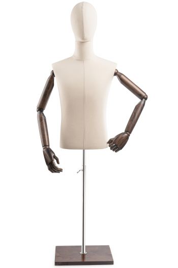 Male Display Dress Form on Wood Flat Base (Head & Arms Version)