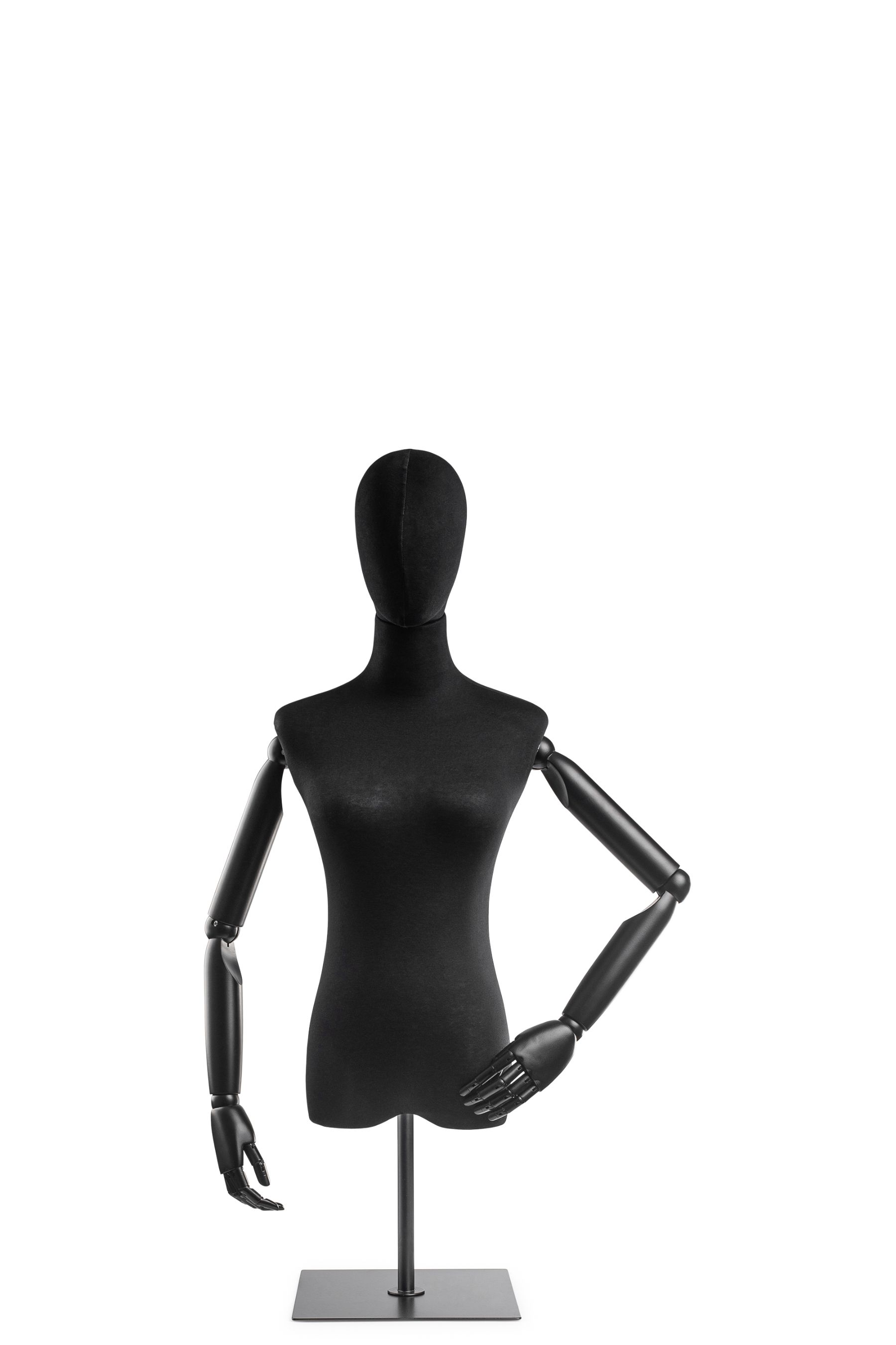 A mannequin sitting on top of a metal stand. Clothing mannequin