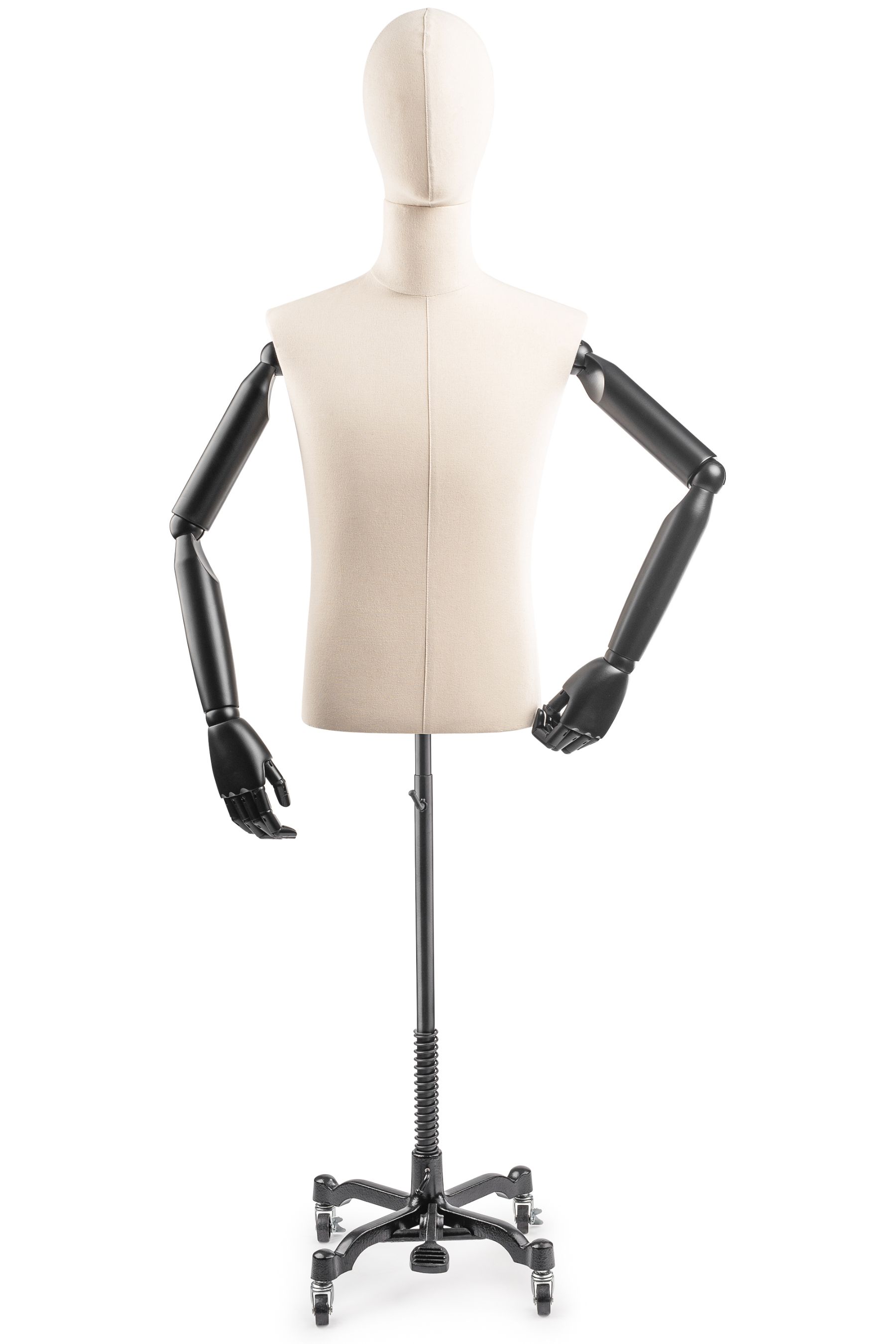 A mannequin sitting on top of a metal stand. Clothing mannequin