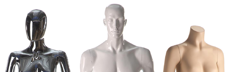 examples of abstract mannequins, chrome, white with full facial features, and headless with skin color