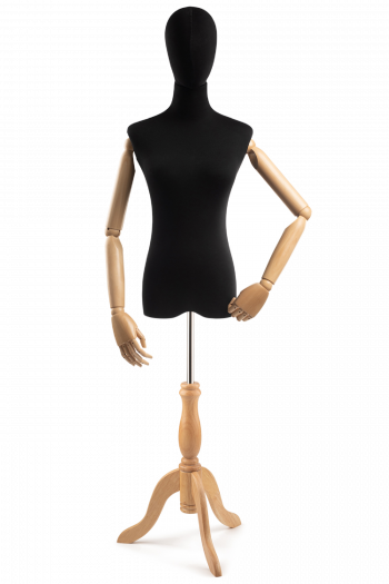 Female Display Dress Form on Wood Tripod Base (Head & Arms Version)