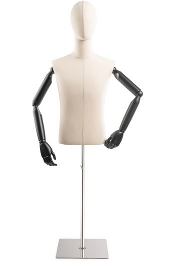 Male Display Dress Form on Metal Flat Base (Head & Arms Version)