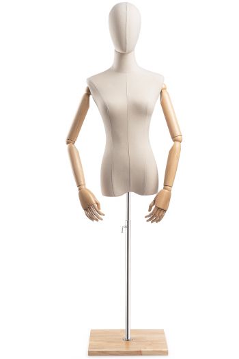 Female Display Dress Form on Wood Flat Base (Head & Arms Version)
