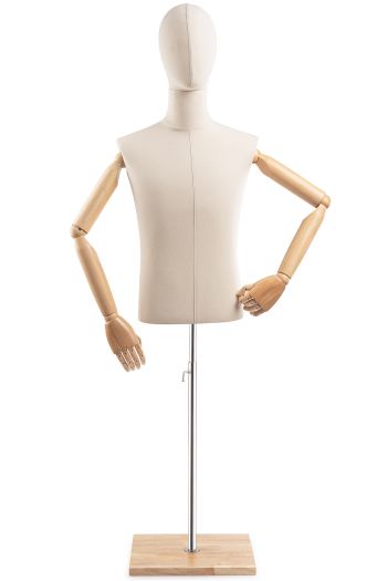 Male Display Dress Form on Wood Flat Base (Head & Arms Version)