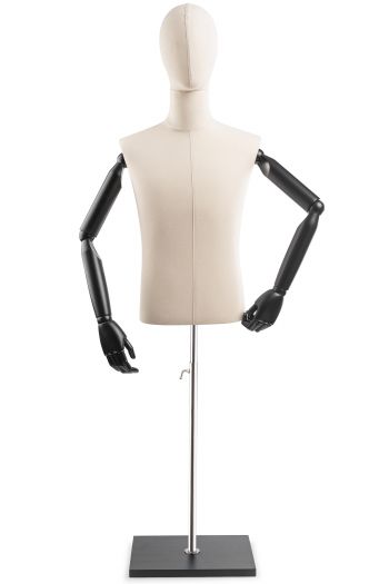 Male Display Dress Form on Wood Flat Base (Head & Arms Version)