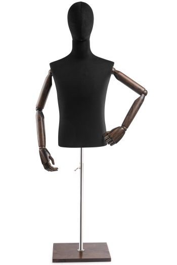 Male Display Dress Form on Wood Flat Base (Head & Arms Version)