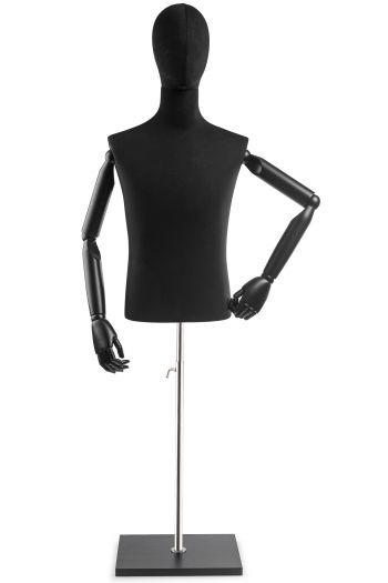 Male Display Dress Form on Wood Flat Base (Head & Arms Version)