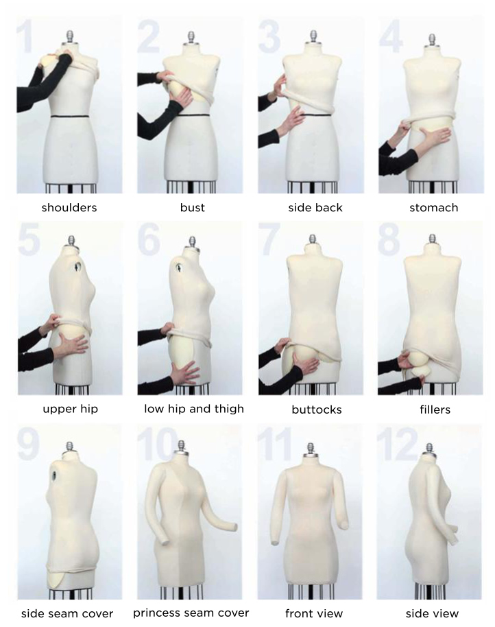 12 images of  how a professional dress form by The Shop Company can be fitted with the ultimate dress form padding system by Fabulous Fit