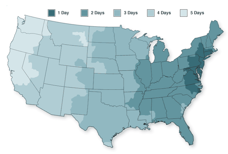 map of shipping times for our Fedex Ground deliveries